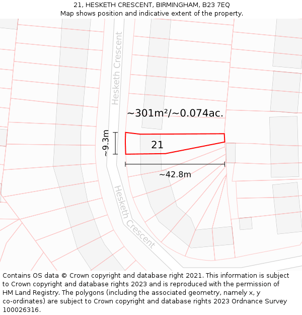 21, HESKETH CRESCENT, BIRMINGHAM, B23 7EQ: Plot and title map