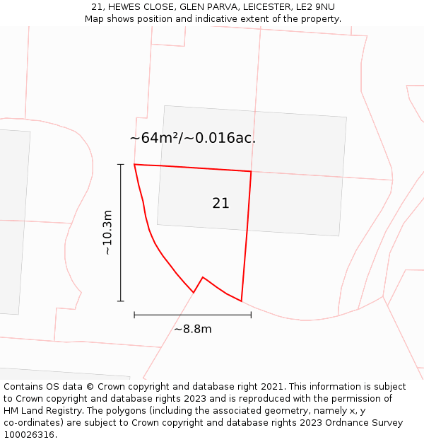 21, HEWES CLOSE, GLEN PARVA, LEICESTER, LE2 9NU: Plot and title map