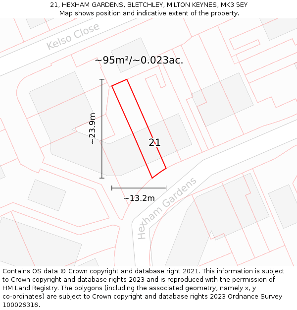 21, HEXHAM GARDENS, BLETCHLEY, MILTON KEYNES, MK3 5EY: Plot and title map