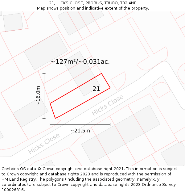 21, HICKS CLOSE, PROBUS, TRURO, TR2 4NE: Plot and title map