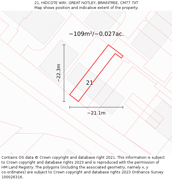 21, HIDCOTE WAY, GREAT NOTLEY, BRAINTREE, CM77 7XT: Plot and title map