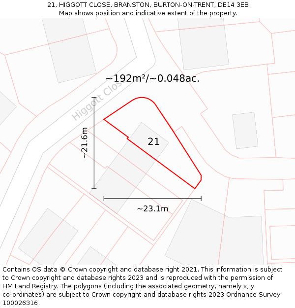 21, HIGGOTT CLOSE, BRANSTON, BURTON-ON-TRENT, DE14 3EB: Plot and title map