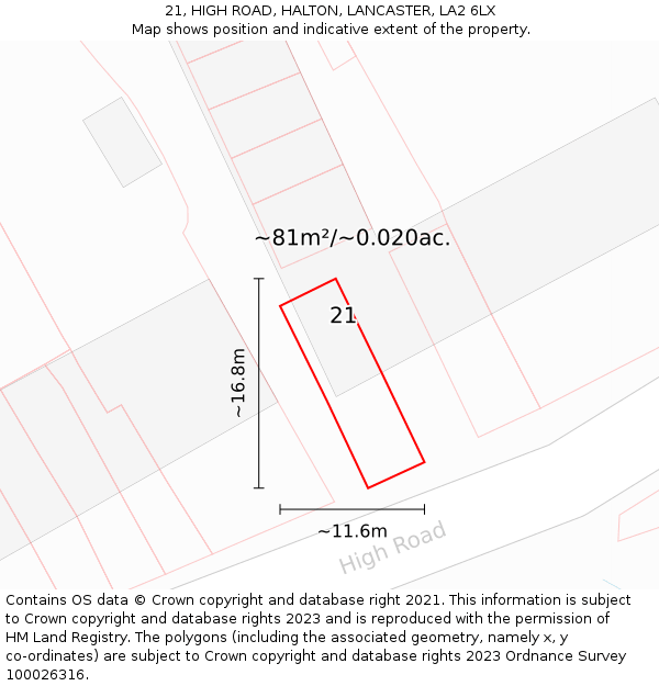 21, HIGH ROAD, HALTON, LANCASTER, LA2 6LX: Plot and title map