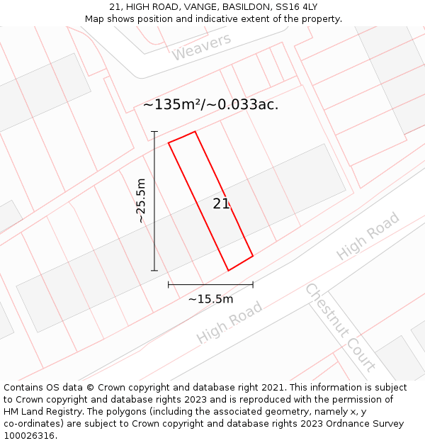 21, HIGH ROAD, VANGE, BASILDON, SS16 4LY: Plot and title map