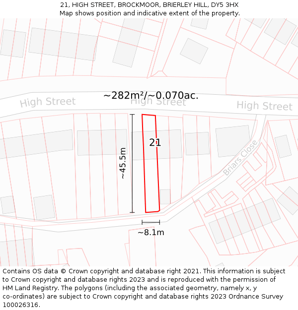 21, HIGH STREET, BROCKMOOR, BRIERLEY HILL, DY5 3HX: Plot and title map