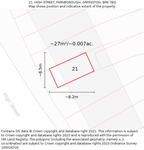 21, HIGH STREET, FARNBOROUGH, ORPINGTON, BR6 7BQ: Plot and title map