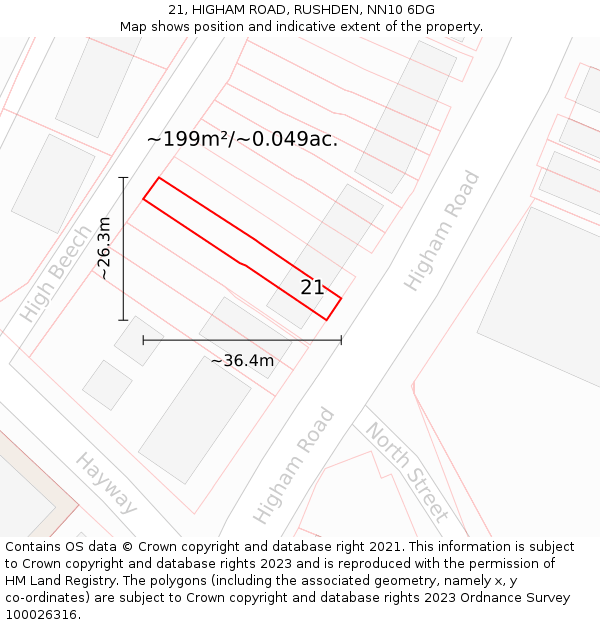 21, HIGHAM ROAD, RUSHDEN, NN10 6DG: Plot and title map
