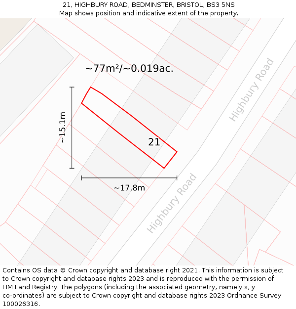 21, HIGHBURY ROAD, BEDMINSTER, BRISTOL, BS3 5NS: Plot and title map