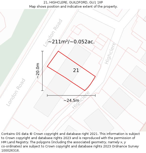 21, HIGHCLERE, GUILDFORD, GU1 1XP: Plot and title map