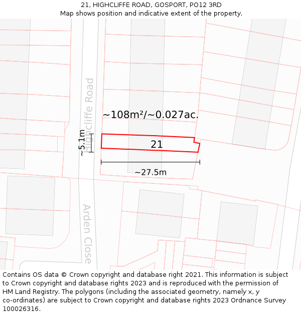 21, HIGHCLIFFE ROAD, GOSPORT, PO12 3RD: Plot and title map