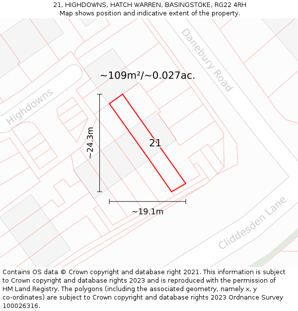 21, HIGHDOWNS, HATCH WARREN, BASINGSTOKE, RG22 4RH: Plot and title map