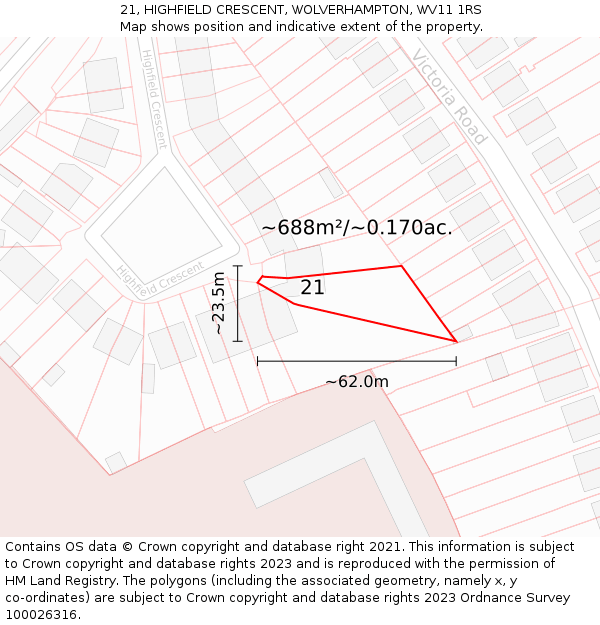 21, HIGHFIELD CRESCENT, WOLVERHAMPTON, WV11 1RS: Plot and title map