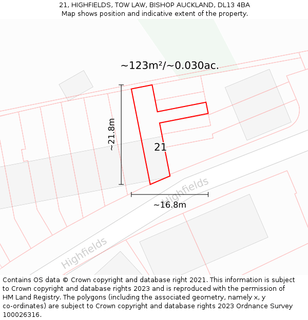 21, HIGHFIELDS, TOW LAW, BISHOP AUCKLAND, DL13 4BA: Plot and title map