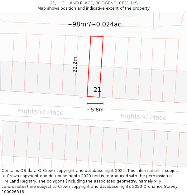 21, HIGHLAND PLACE, BRIDGEND, CF31 1LS: Plot and title map