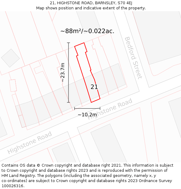 21, HIGHSTONE ROAD, BARNSLEY, S70 4EJ: Plot and title map