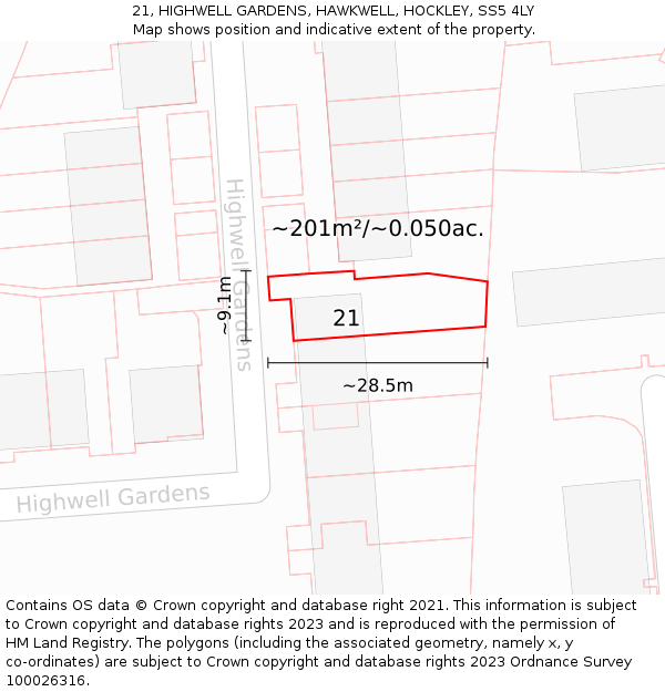 21, HIGHWELL GARDENS, HAWKWELL, HOCKLEY, SS5 4LY: Plot and title map