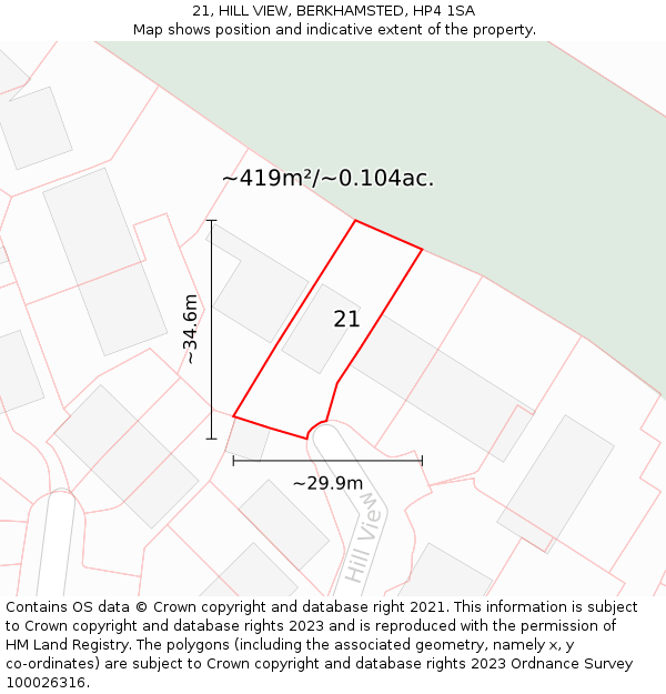 21, HILL VIEW, BERKHAMSTED, HP4 1SA: Plot and title map