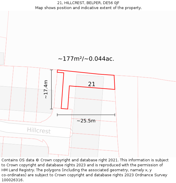 21, HILLCREST, BELPER, DE56 0JF: Plot and title map