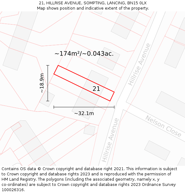 21, HILLRISE AVENUE, SOMPTING, LANCING, BN15 0LX: Plot and title map