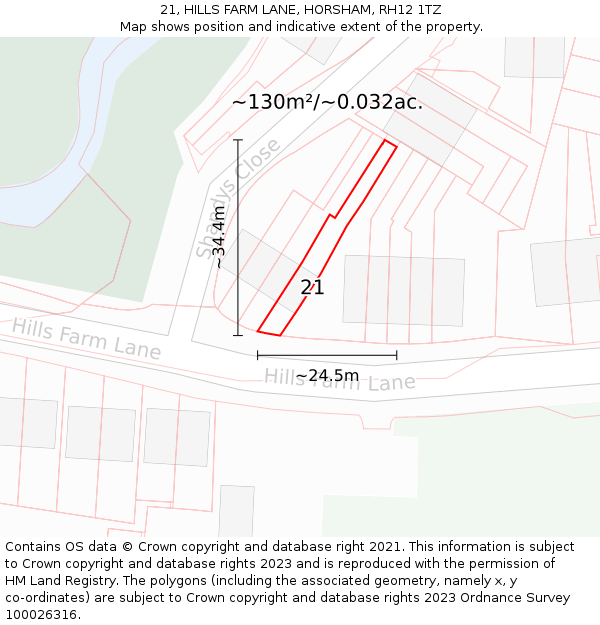 21, HILLS FARM LANE, HORSHAM, RH12 1TZ: Plot and title map