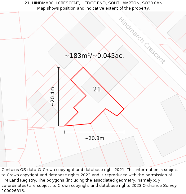 21, HINDMARCH CRESCENT, HEDGE END, SOUTHAMPTON, SO30 0AN: Plot and title map