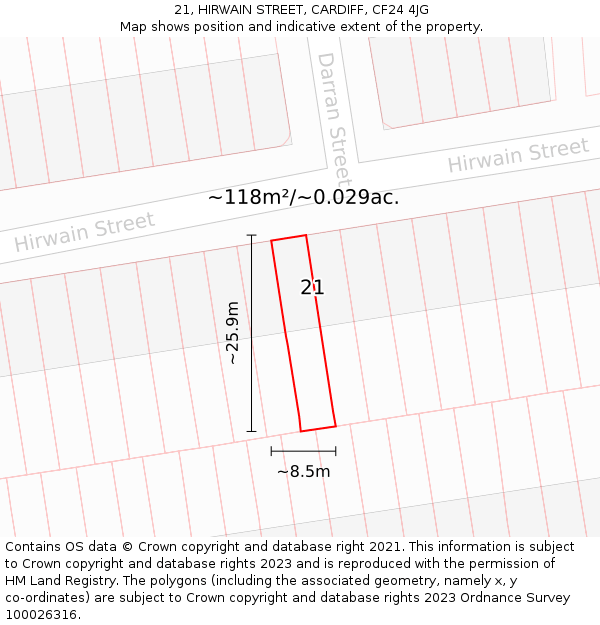 21, HIRWAIN STREET, CARDIFF, CF24 4JG: Plot and title map