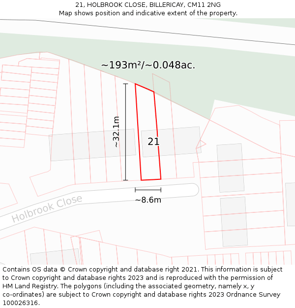 21, HOLBROOK CLOSE, BILLERICAY, CM11 2NG: Plot and title map