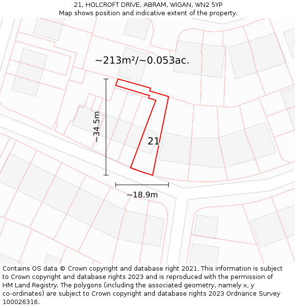 21, HOLCROFT DRIVE, ABRAM, WIGAN, WN2 5YP: Plot and title map