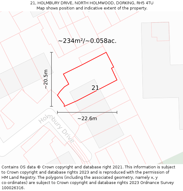 21, HOLMBURY DRIVE, NORTH HOLMWOOD, DORKING, RH5 4TU: Plot and title map