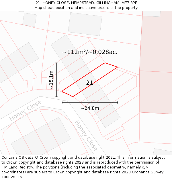 21, HONEY CLOSE, HEMPSTEAD, GILLINGHAM, ME7 3PF: Plot and title map
