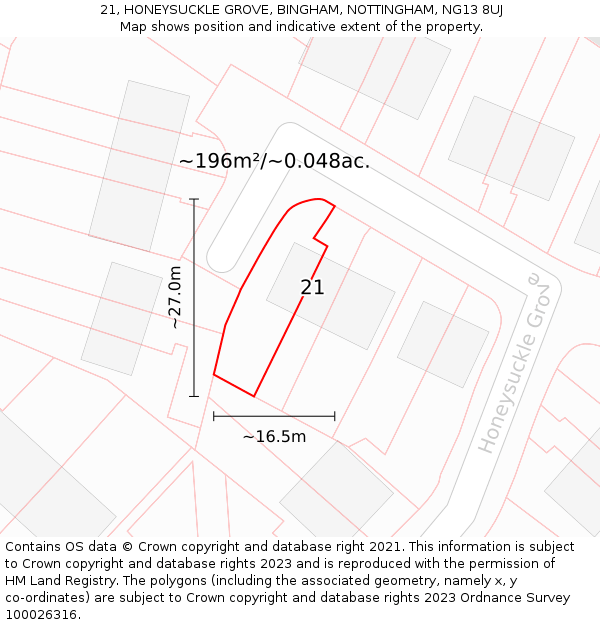21, HONEYSUCKLE GROVE, BINGHAM, NOTTINGHAM, NG13 8UJ: Plot and title map