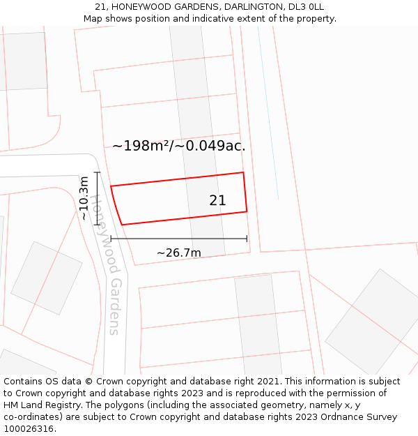 21, HONEYWOOD GARDENS, DARLINGTON, DL3 0LL: Plot and title map