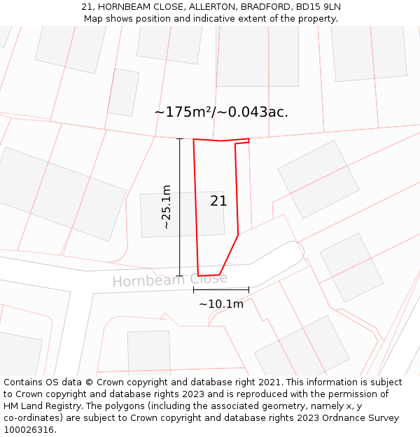 21, HORNBEAM CLOSE, ALLERTON, BRADFORD, BD15 9LN: Plot and title map