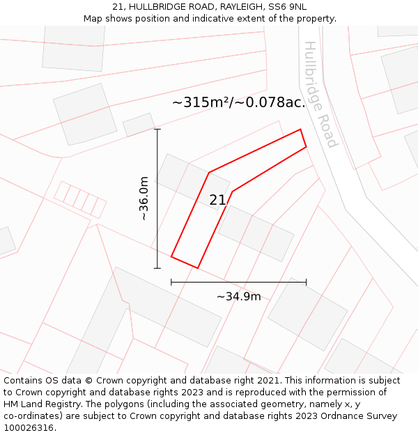 21, HULLBRIDGE ROAD, RAYLEIGH, SS6 9NL: Plot and title map