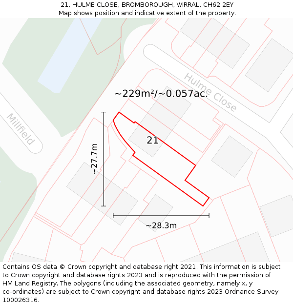 21, HULME CLOSE, BROMBOROUGH, WIRRAL, CH62 2EY: Plot and title map