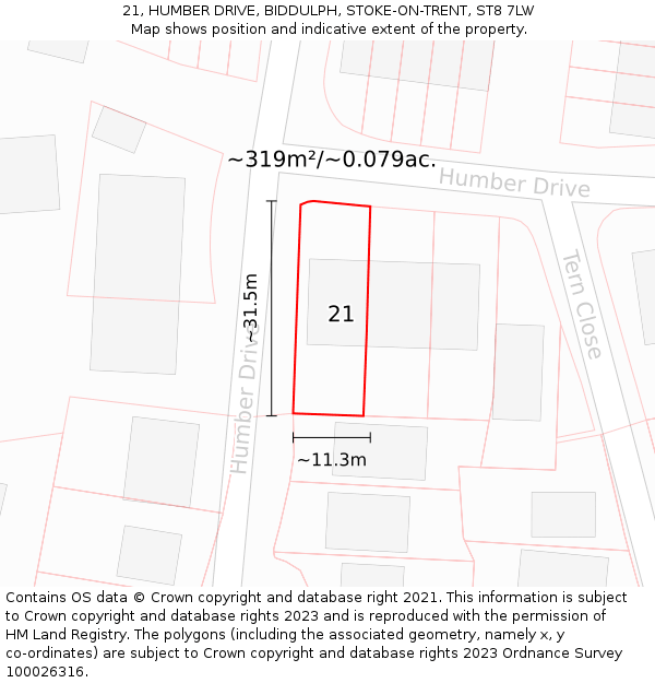 21, HUMBER DRIVE, BIDDULPH, STOKE-ON-TRENT, ST8 7LW: Plot and title map