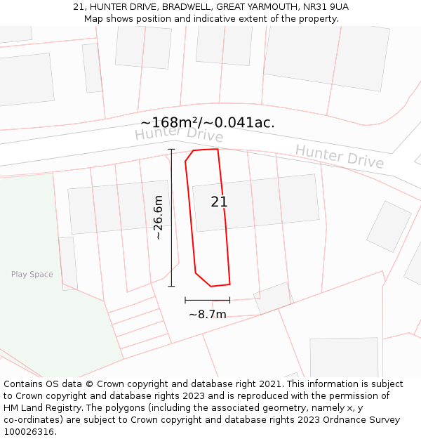 21, HUNTER DRIVE, BRADWELL, GREAT YARMOUTH, NR31 9UA: Plot and title map