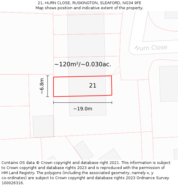 21, HURN CLOSE, RUSKINGTON, SLEAFORD, NG34 9FE: Plot and title map