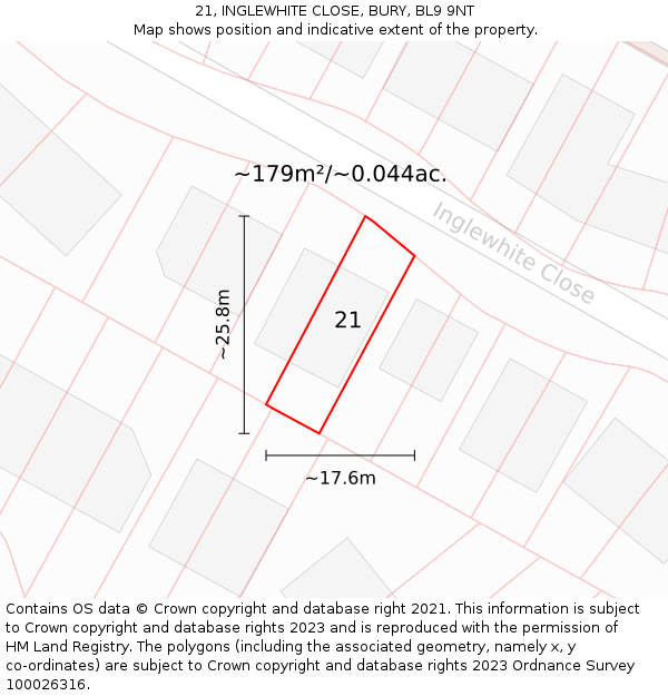 21, INGLEWHITE CLOSE, BURY, BL9 9NT: Plot and title map