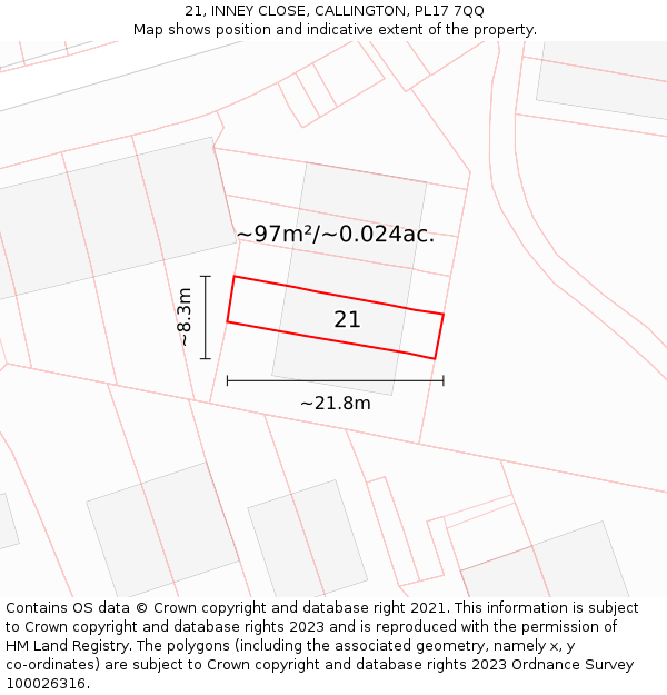 21, INNEY CLOSE, CALLINGTON, PL17 7QQ: Plot and title map