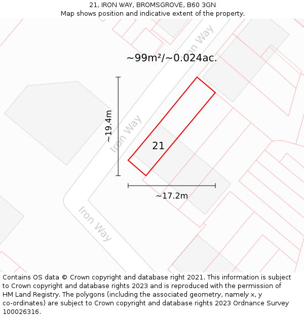 21, IRON WAY, BROMSGROVE, B60 3GN: Plot and title map