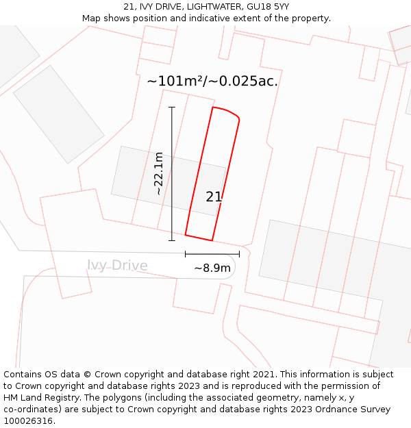 21, IVY DRIVE, LIGHTWATER, GU18 5YY: Plot and title map