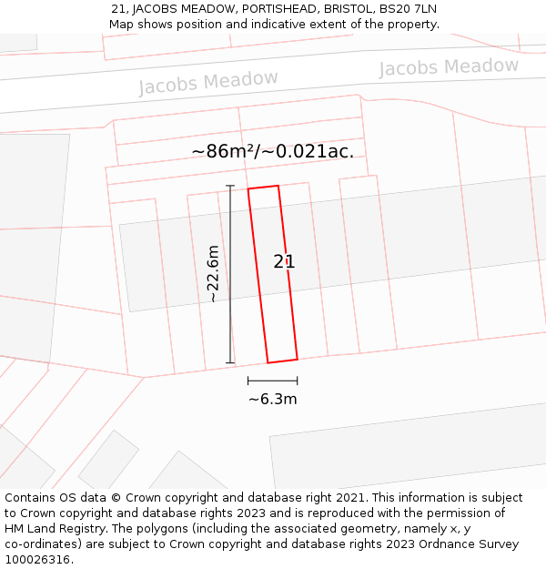 21, JACOBS MEADOW, PORTISHEAD, BRISTOL, BS20 7LN: Plot and title map