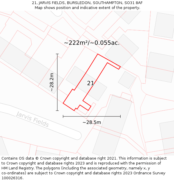 21, JARVIS FIELDS, BURSLEDON, SOUTHAMPTON, SO31 8AF: Plot and title map