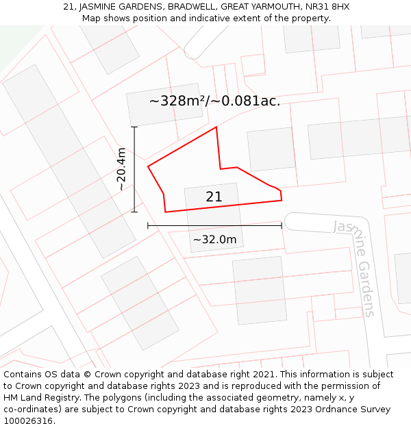 21, JASMINE GARDENS, BRADWELL, GREAT YARMOUTH, NR31 8HX: Plot and title map
