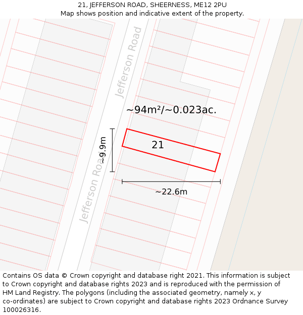 21, JEFFERSON ROAD, SHEERNESS, ME12 2PU: Plot and title map