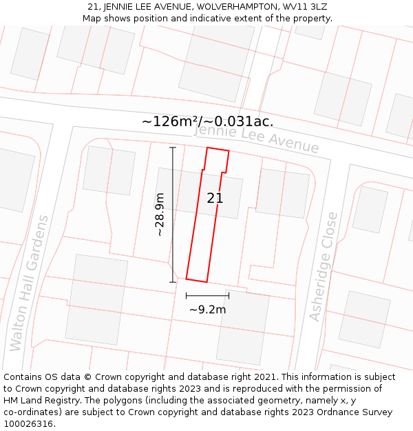 21, JENNIE LEE AVENUE, WOLVERHAMPTON, WV11 3LZ: Plot and title map