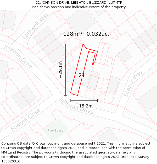 21, JOHNSON DRIVE, LEIGHTON BUZZARD, LU7 4TP: Plot and title map
