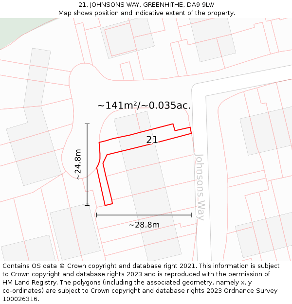 21, JOHNSONS WAY, GREENHITHE, DA9 9LW: Plot and title map