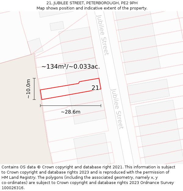 21, JUBILEE STREET, PETERBOROUGH, PE2 9PH: Plot and title map